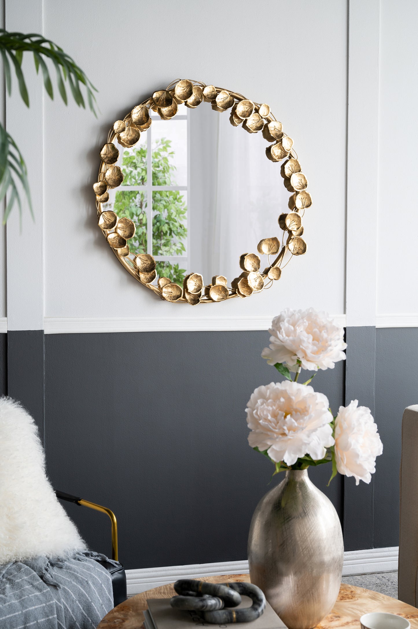 35" Round Metal Wall Mirror with Golden Leaf Accents