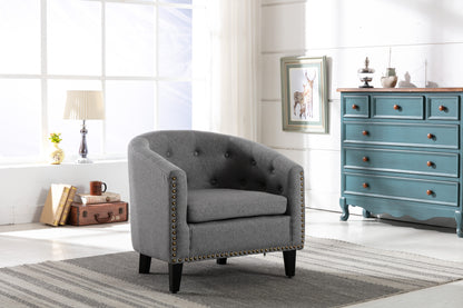 Linen Gray Fabric Tufted Barrel Accent Chair