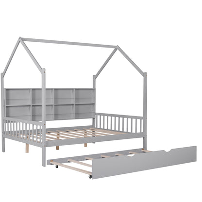 Gray Wooden Full Size House Bed with Trundle,