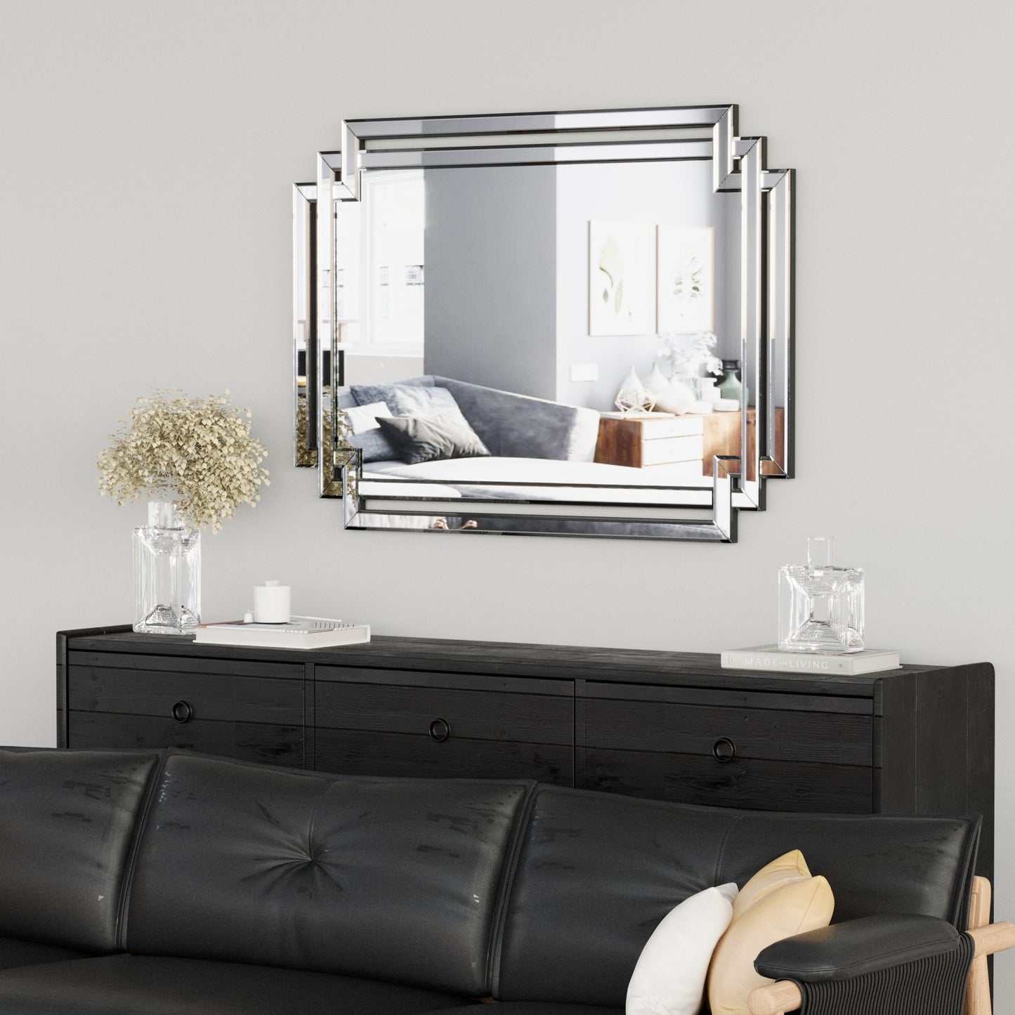 Large Wall-Mounted Silver Twisted Rectangular Wall Mirror