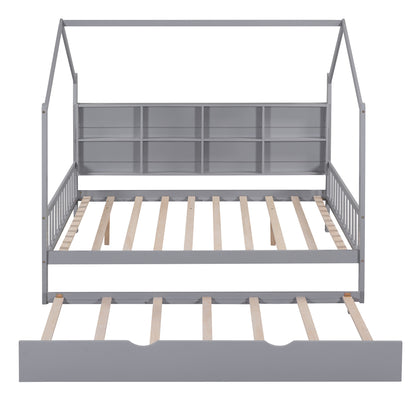 Gray Wooden Full Size House Bed with Trundle,