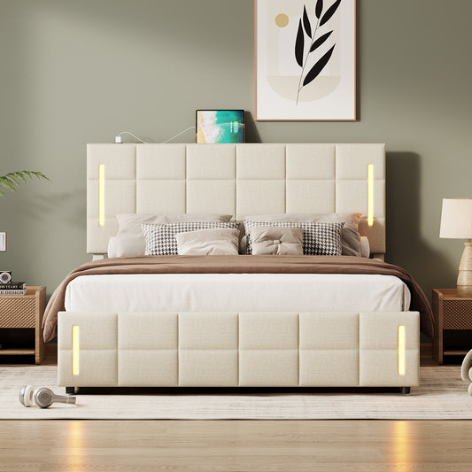 LED Full Size Upholstered Bed (beige)