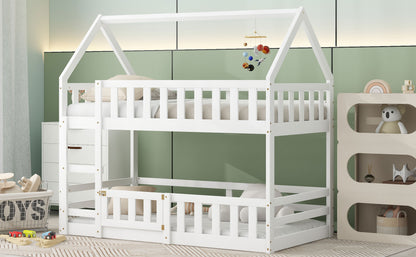 White Twin over Twin House Bunk Bed with Fence and Door