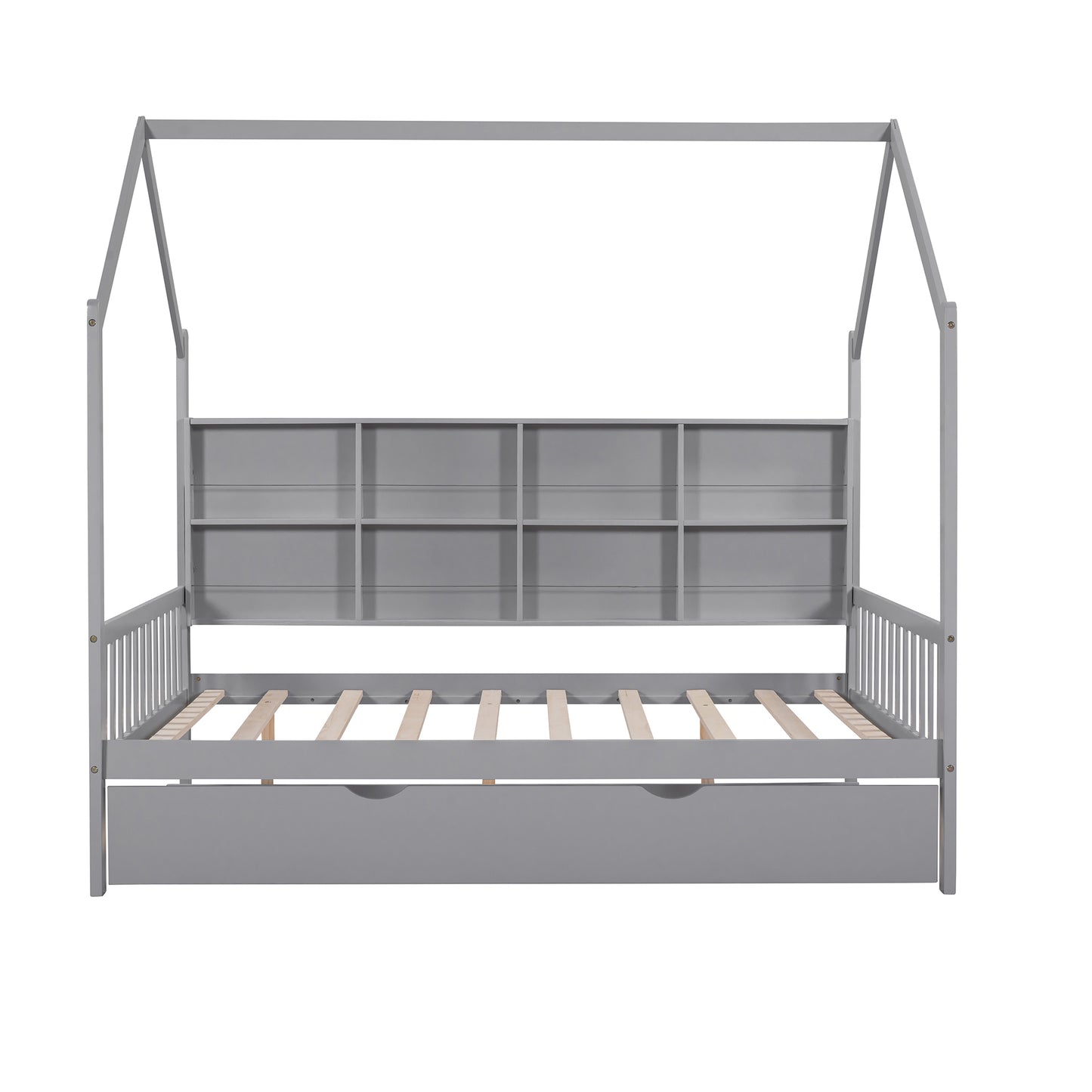 Gray Wooden Full Size House Bed with Trundle,