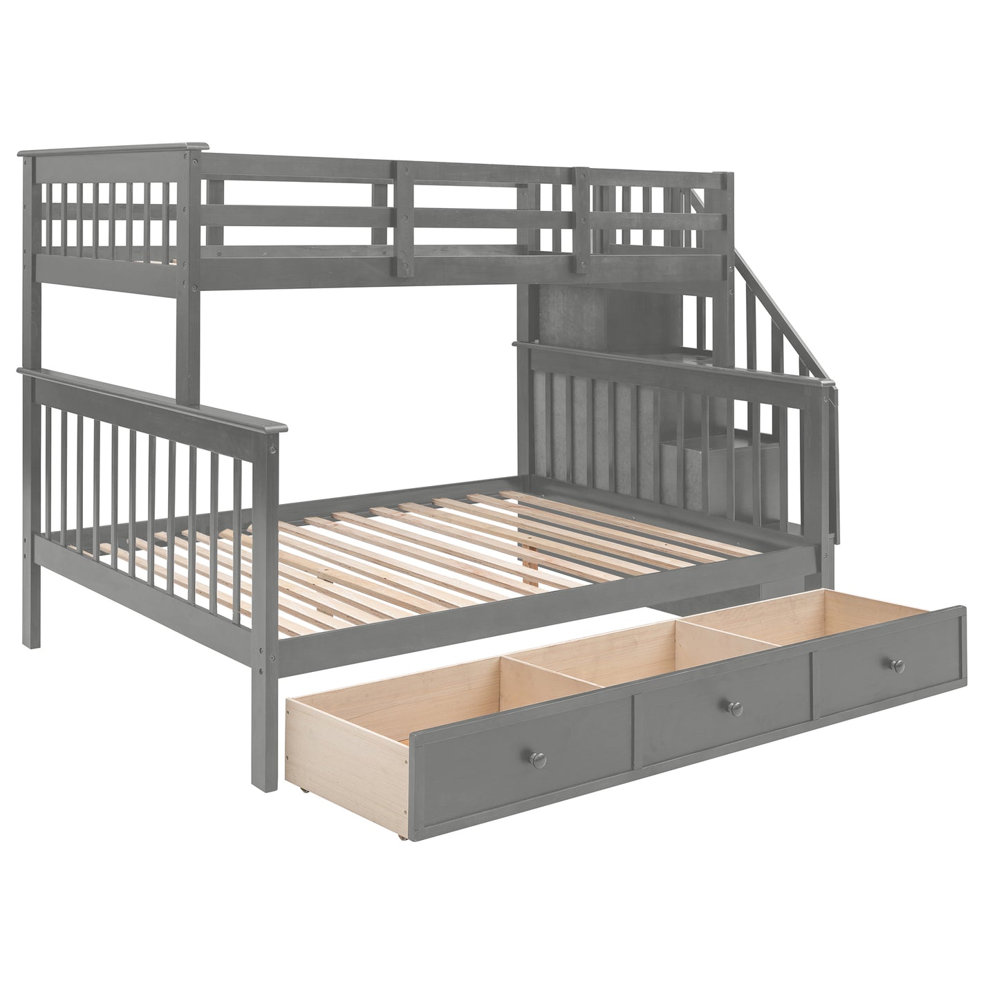 Stairway Gray Twin-Over-Full Bunk Bed with Drawer