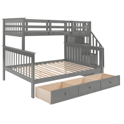 Stairway Gray Twin-Over-Full Bunk Bed with Drawer