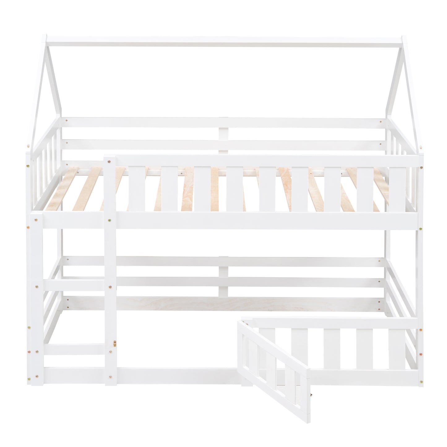 White Twin over Twin House Bunk Bed with Fence and Door