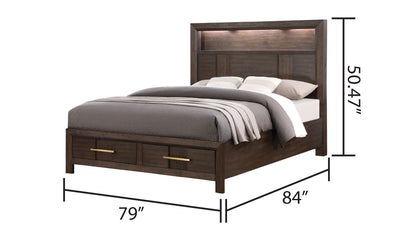 Kenzo 5 Piece Modern Style King Storage Bedroom Set Made with Wood, LED Headboard, Bluetooth Speakers & USB Ports - Walnut