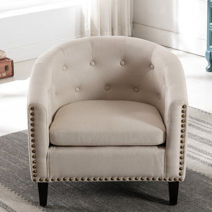 Linen Tan Fabric Tufted Barrel Accent Chair