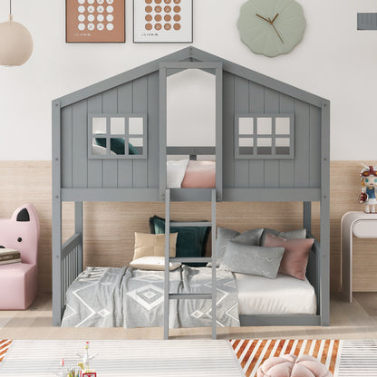 Gray House Twin Over Twin House Bunk Bed With Ladder