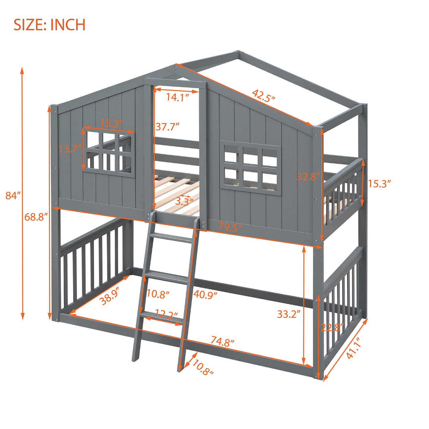 Gray House Twin Over Twin House Bunk Bed With Ladder