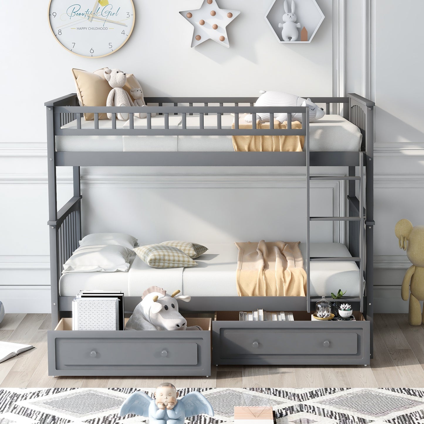 Convertible Gray Twin over Twin Bunk Bed with Drawers