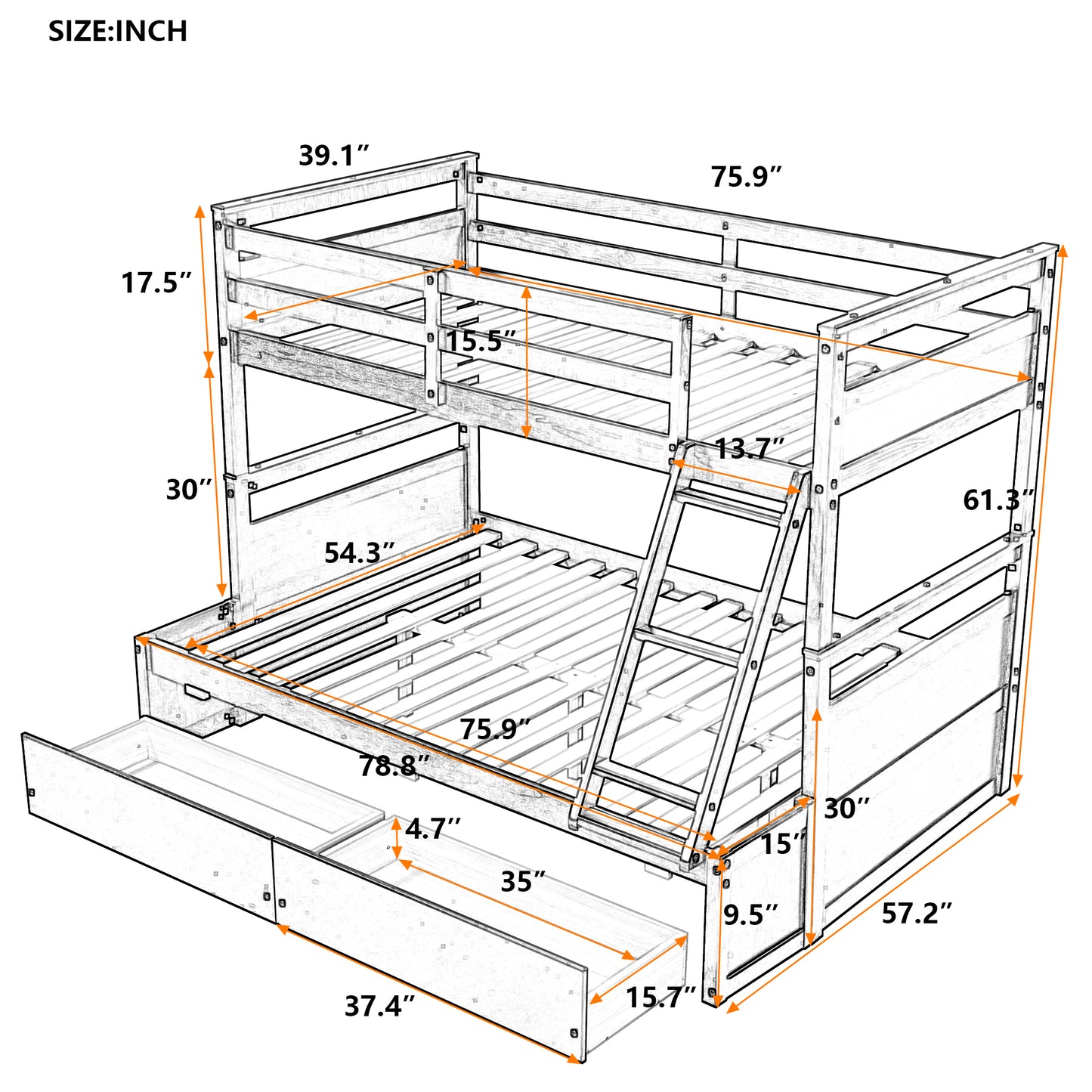 White Twin over Full Bunk Bed with Storage