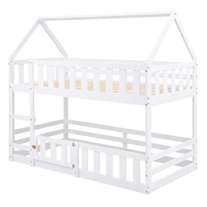 White Twin over Twin House Bunk Bed with Fence and Door