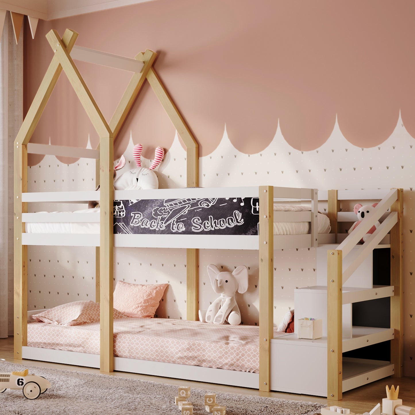 Twin over Twin House Bunk Bed with White Storage Staircase and Blackboard