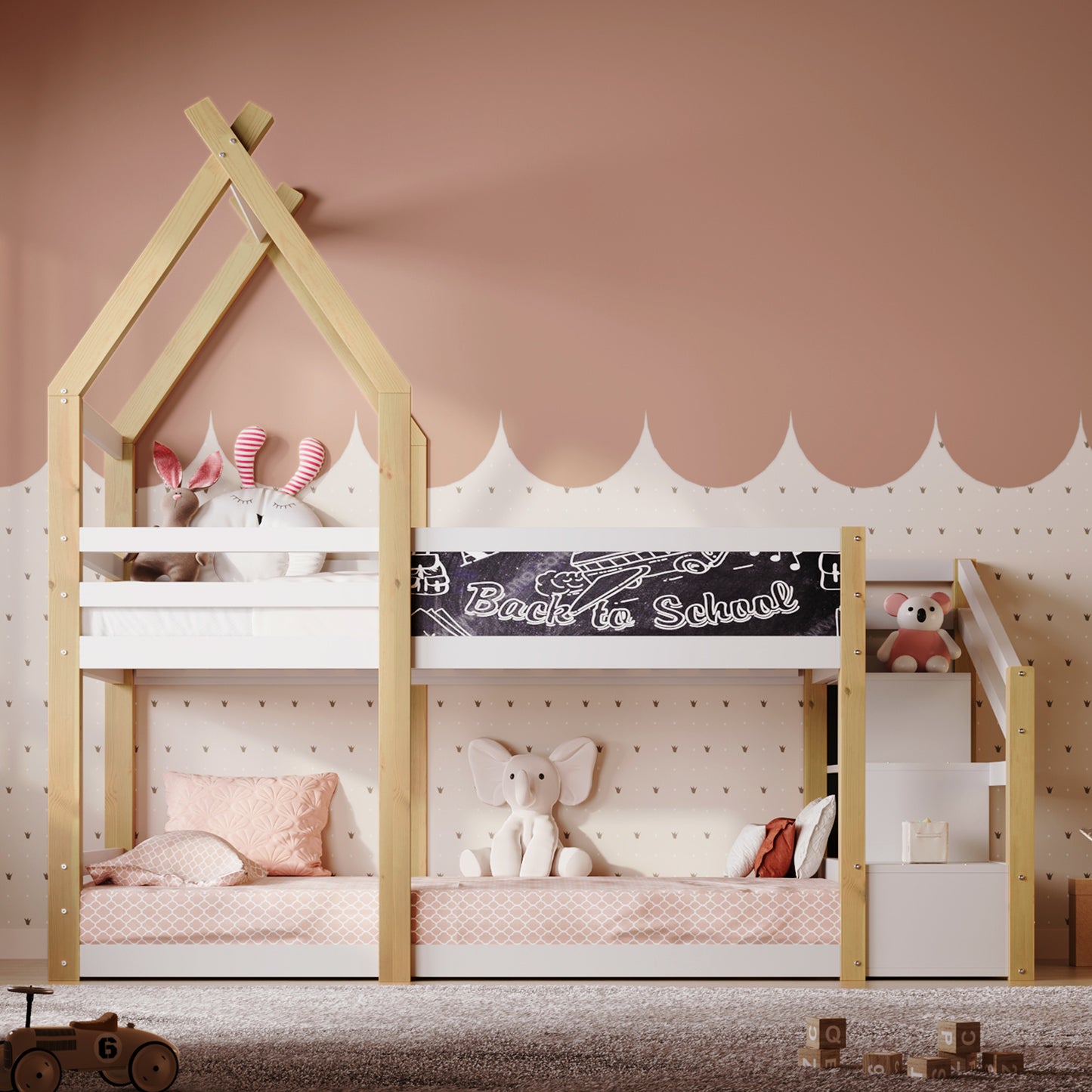 Twin over Twin House Bunk Bed with White Storage Staircase and Blackboard