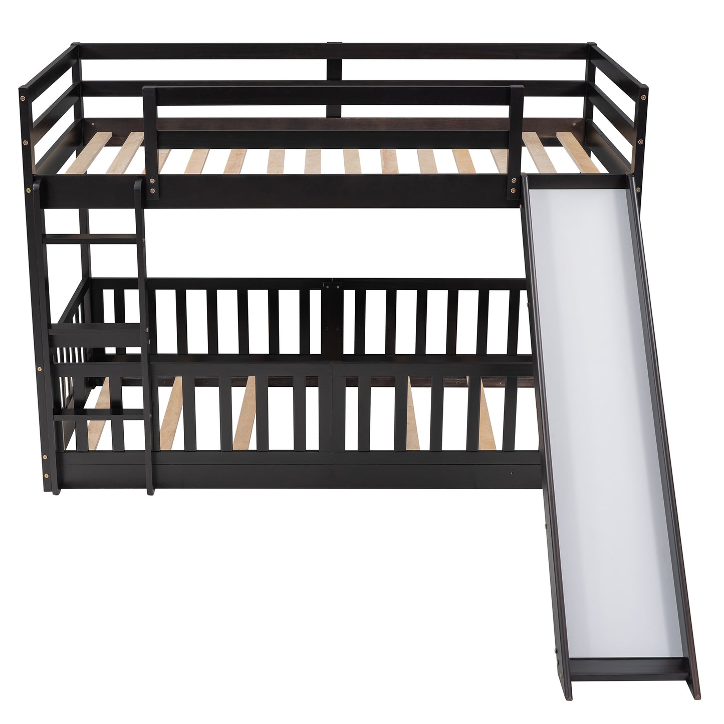 Espresso Wood Twin Over Twin Bunk Bed with Slide and Ladder