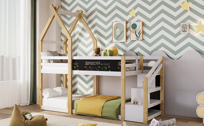 Twin over Twin House Bunk Bed with White Storage Staircase and Blackboard