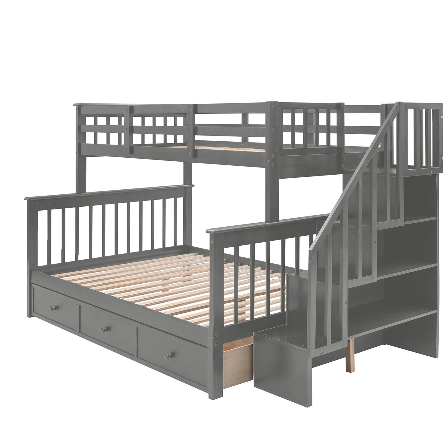 Stairway Gray Twin-Over-Full Bunk Bed with Drawer