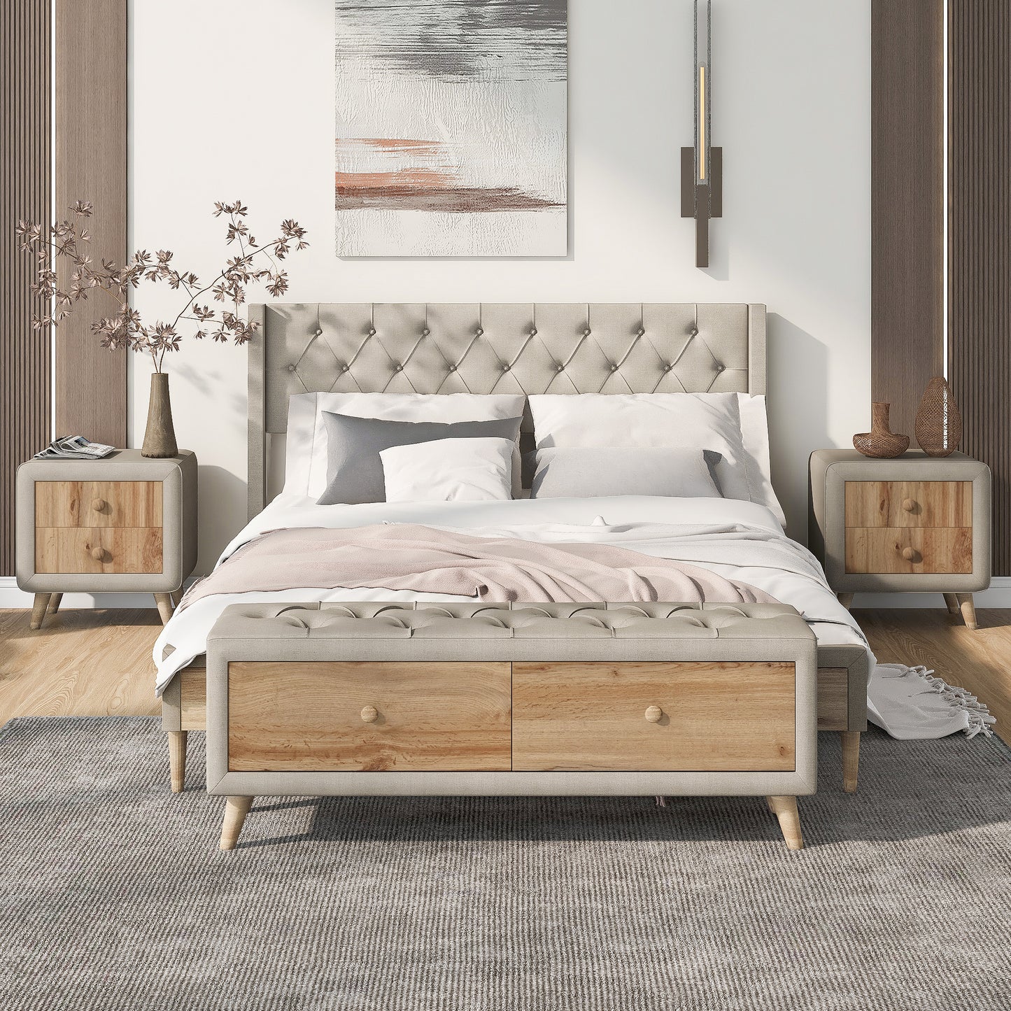 4-Piece Bedroom Set Queen Size Upholstered Platform Bed