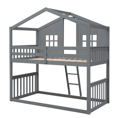 Gray House Twin Over Twin House Bunk Bed With Ladder