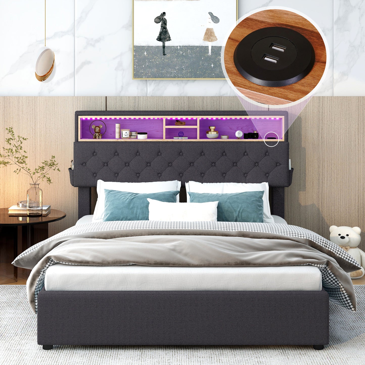 Damon Full Bed with Storage Headboar, 2 Drawers (dark gray)