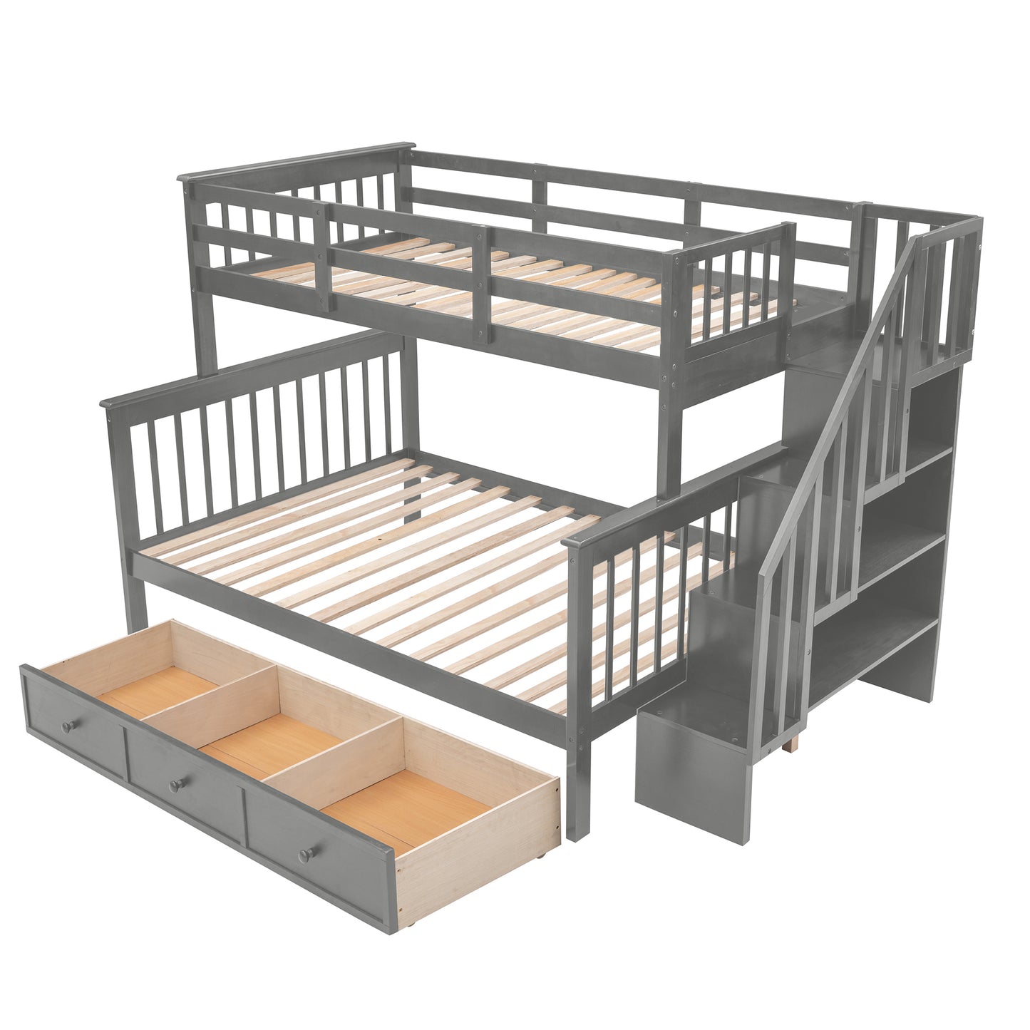 Stairway Gray Twin-Over-Full Bunk Bed with Drawer