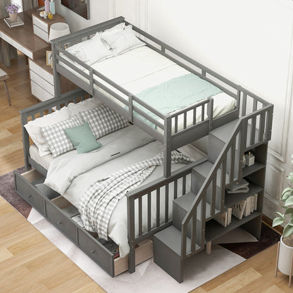 Stairway Gray Twin-Over-Full Bunk Bed with Drawer