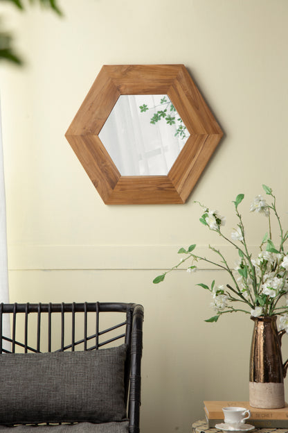 18.5" x 18.5" Hexagon Mirror with Natural Wood Frame
