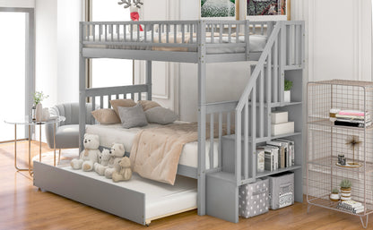 Gray Twin over Twin Bunk Bed with Trundle and Storage