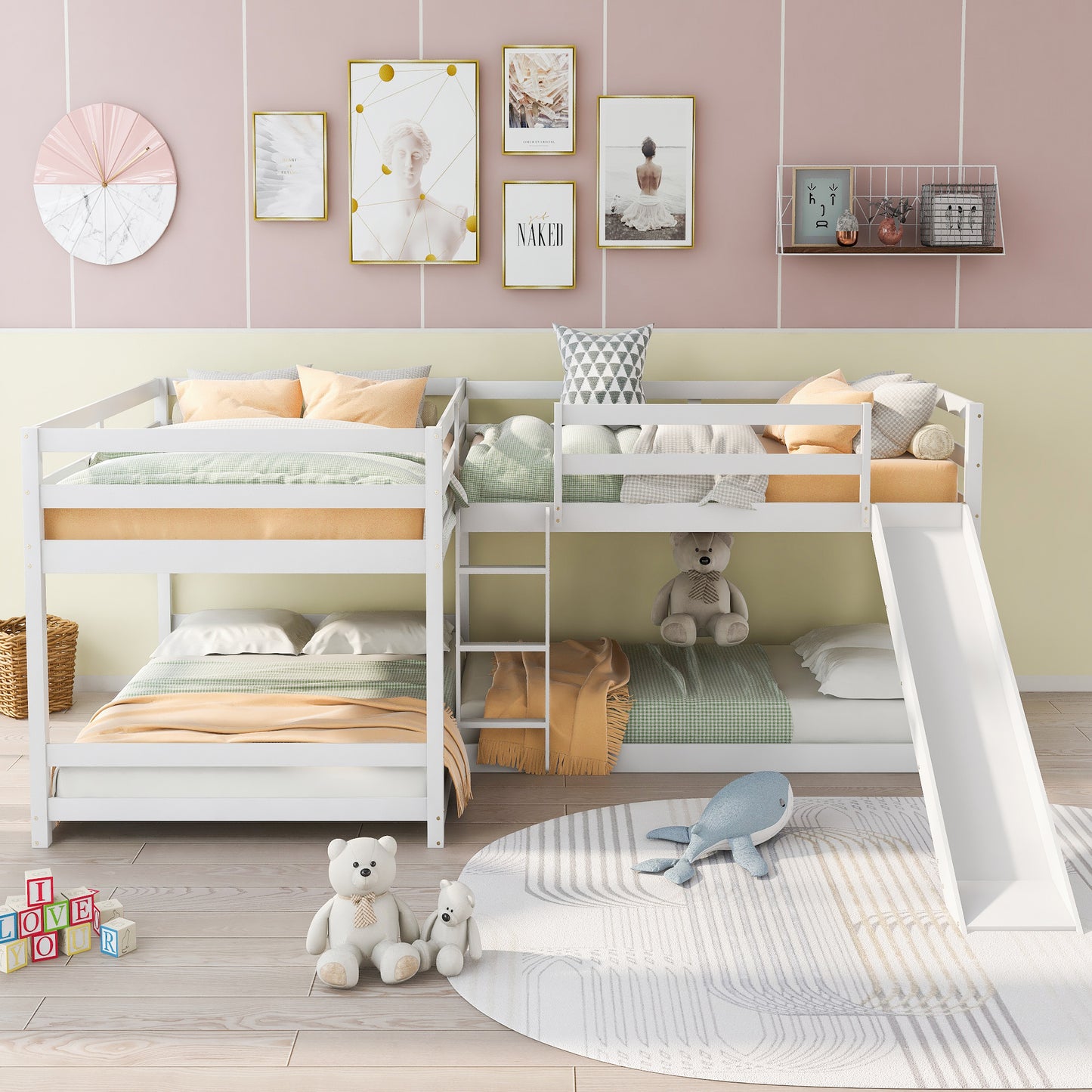 L-Shaped White Full and Twin Bunk Bed