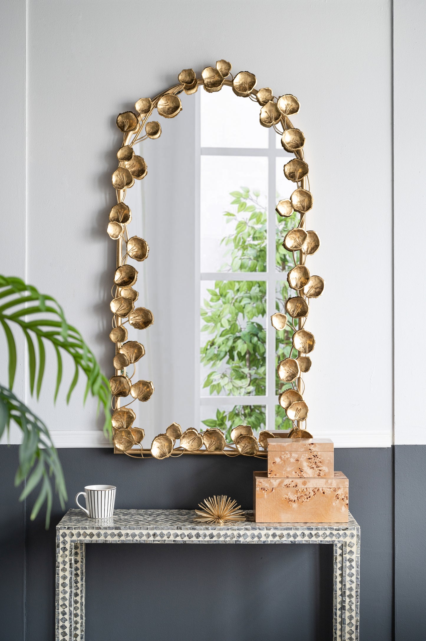 Arched Wall Mirror with Golden Leaf Accents