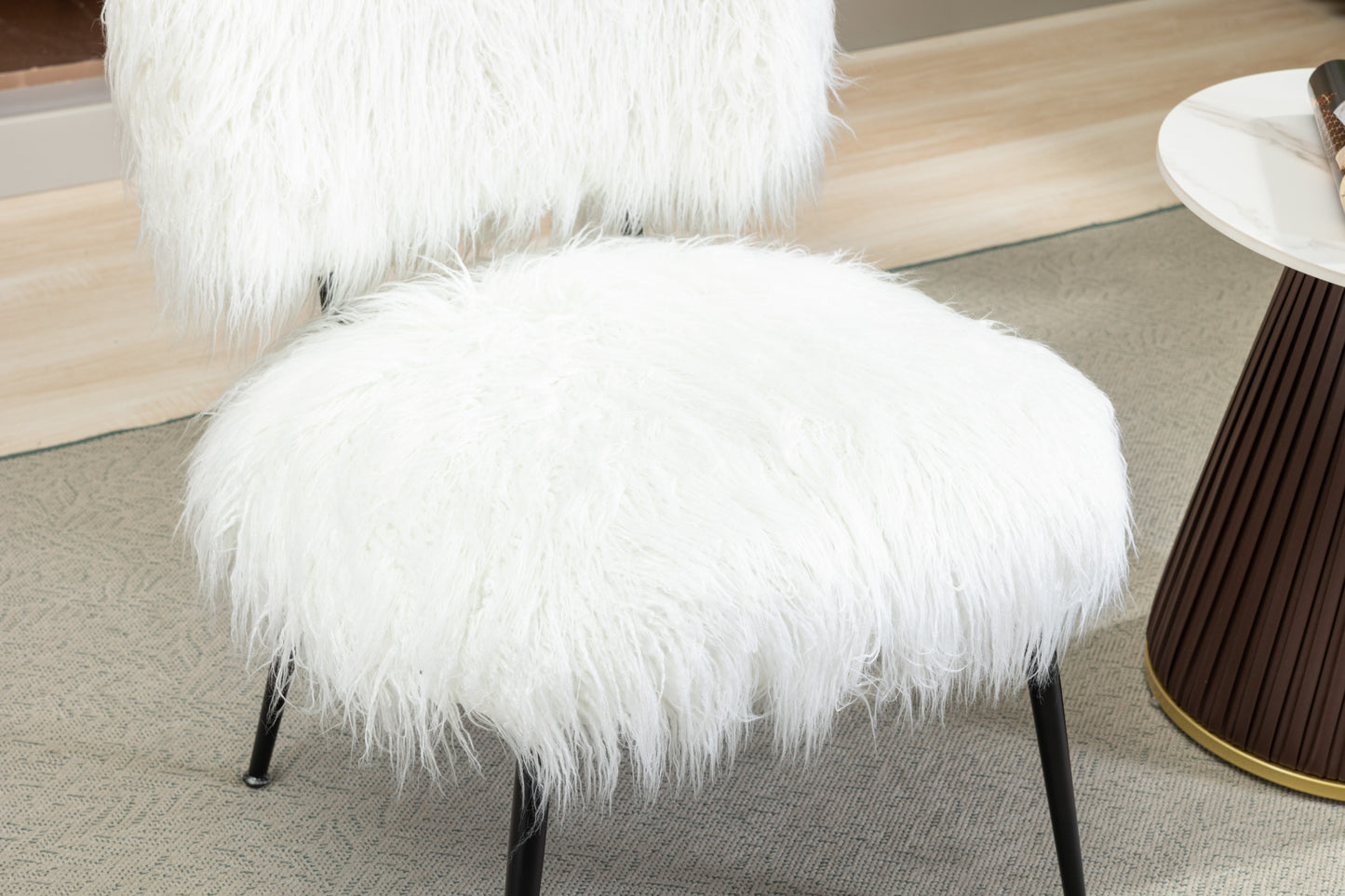 Megan Ivory Faux Fur Plush Accent Chair with Ottoman