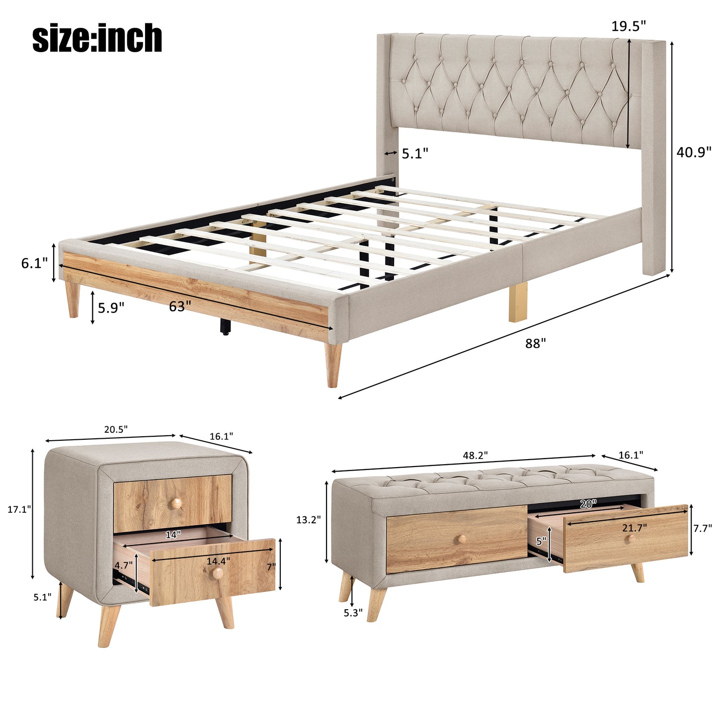 4-Piece Bedroom Set Queen Size Upholstered Platform Bed