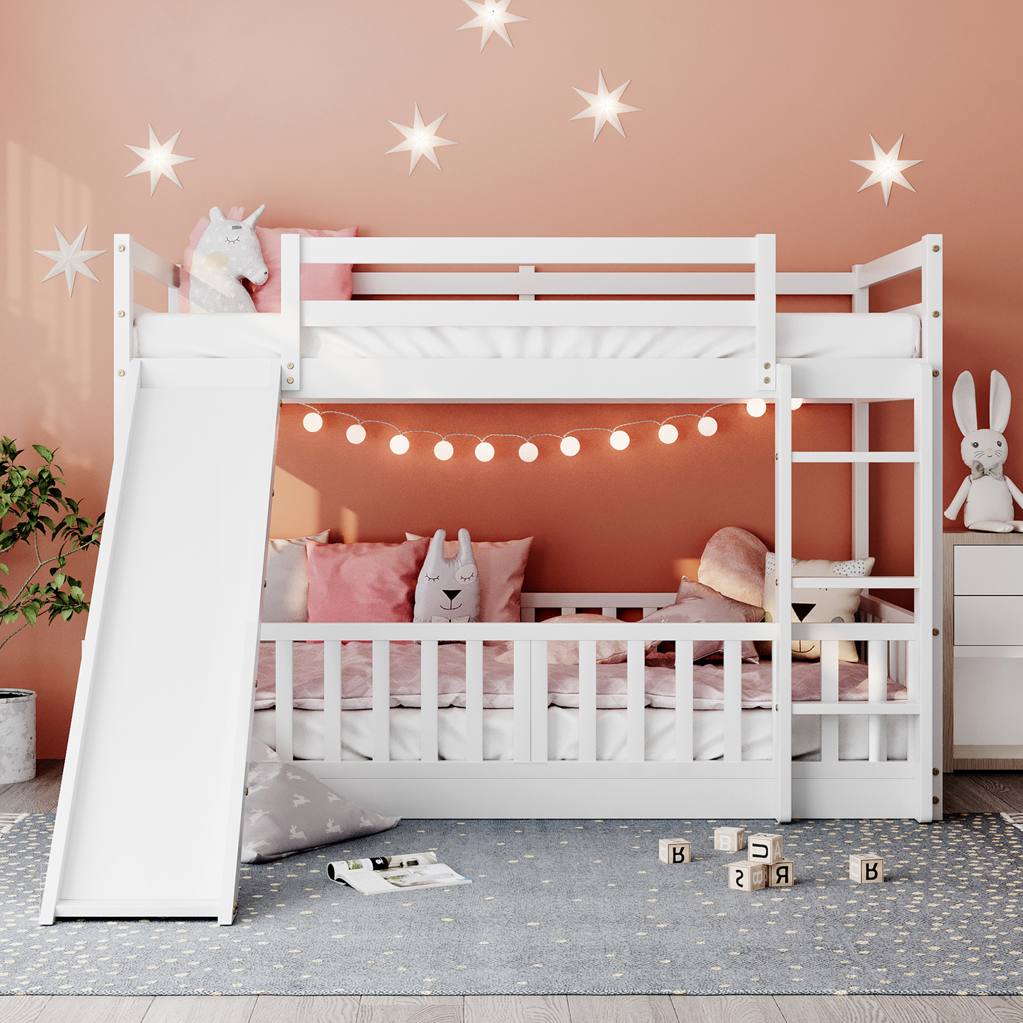 White Wood Twin Over Twin Bunk Bed with Slide and Ladder