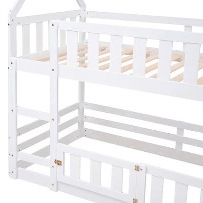 White Twin over Twin House Bunk Bed with Fence and Door