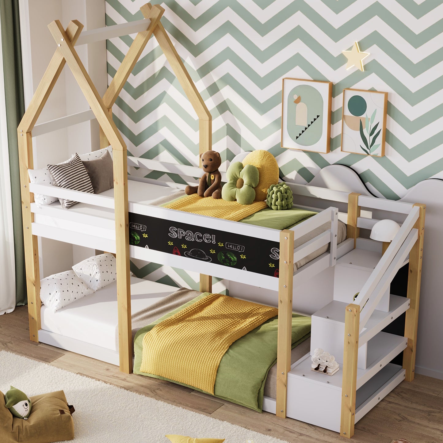 Twin over Twin House Bunk Bed with White Storage Staircase and Blackboard