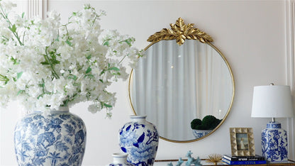 Large Round Wall Mirror with Gold Metal Leaf Frame