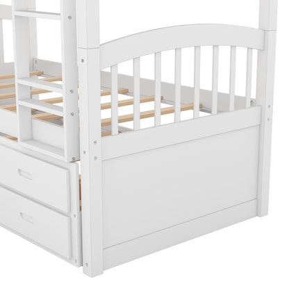 White Twin over Twin Wood Bunk Bed with Trundle and Drawers