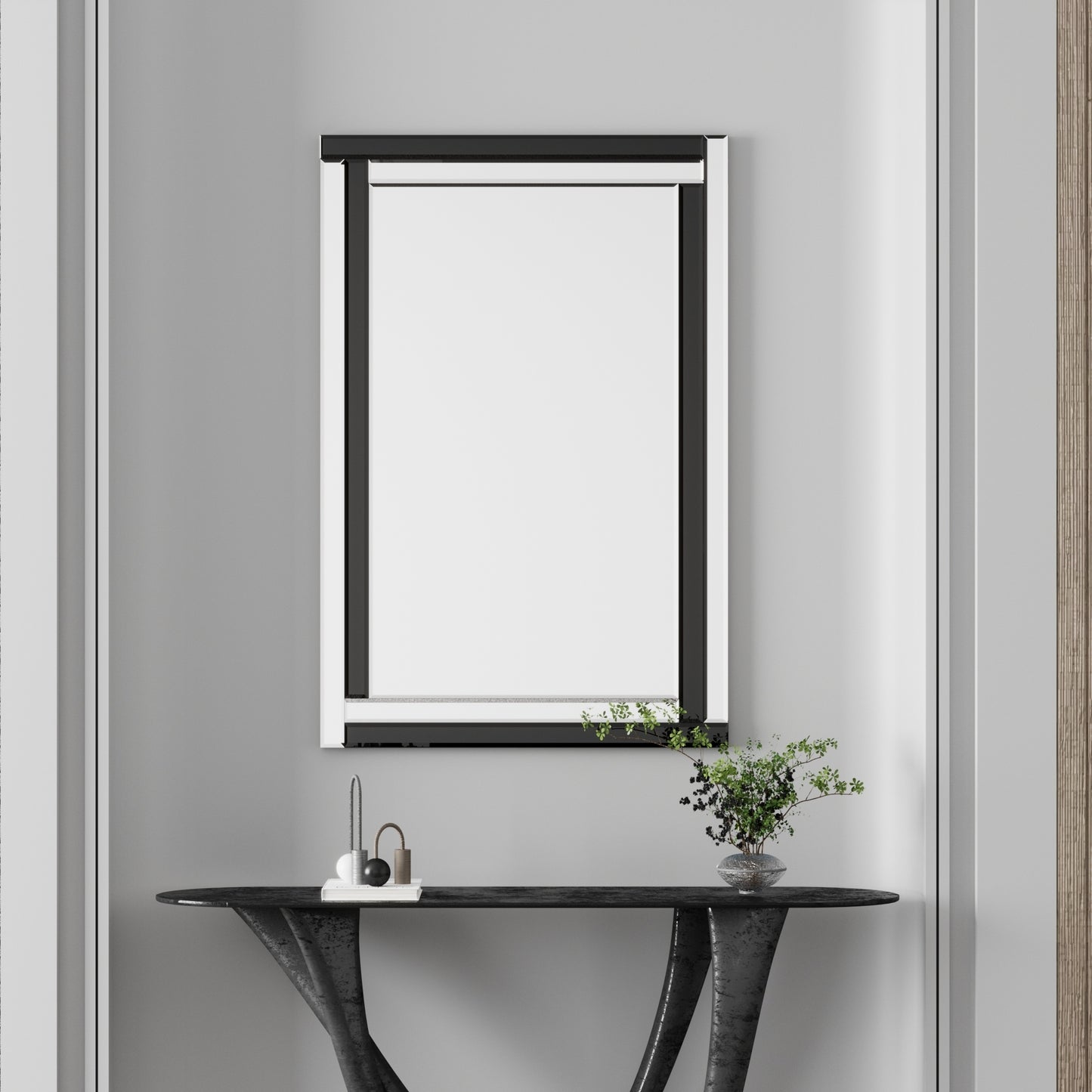 Large Wall-Mounted Silver and Black Decorative Rectangular Wall Mirror
