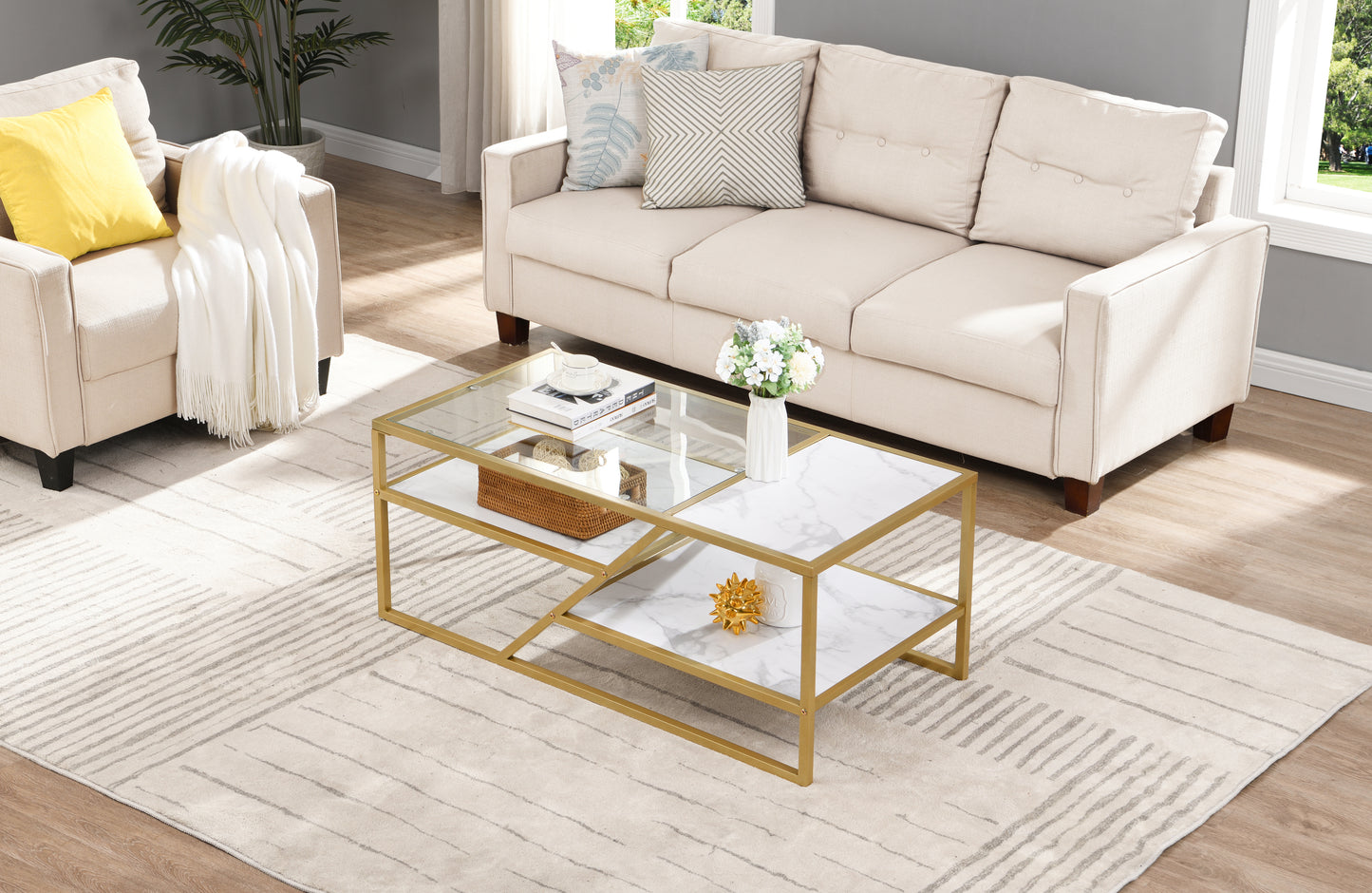 Golden Coffee Table with Storage Shelf