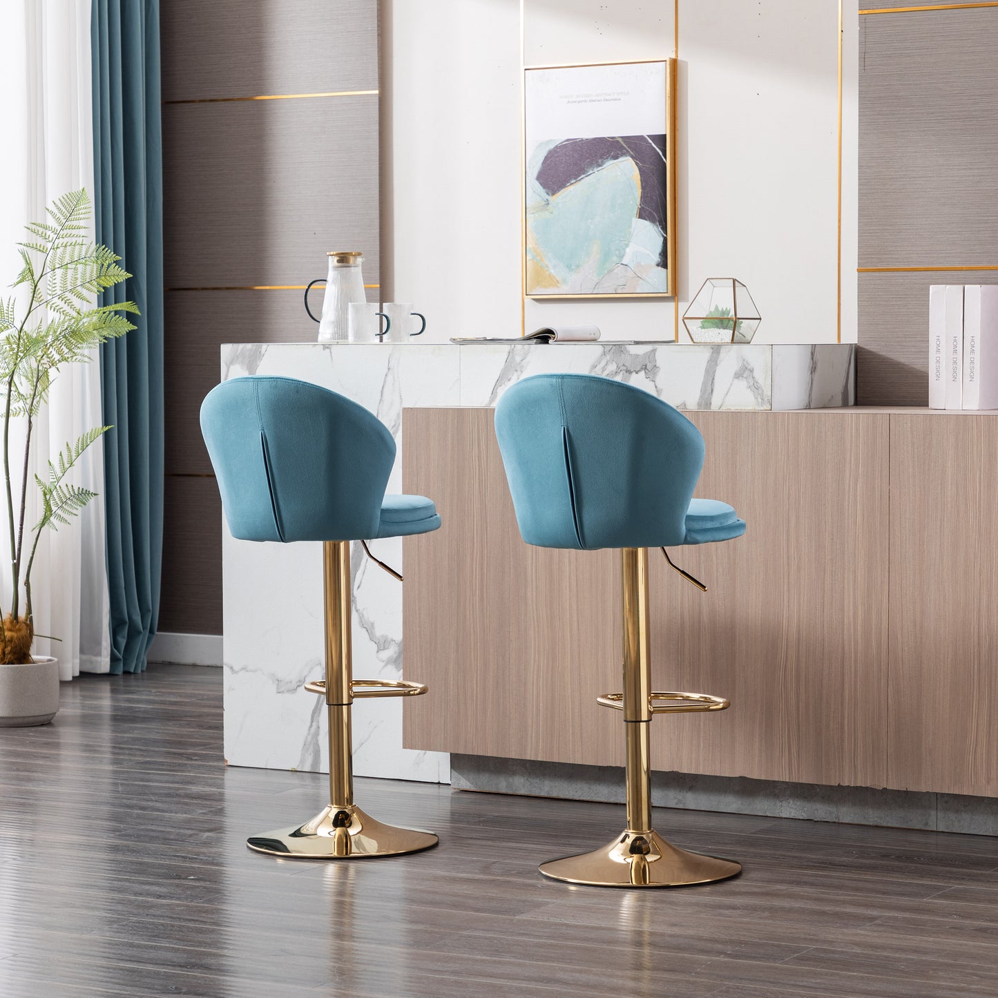 Shell Adjustable Bar Stool Set of 2  (light blue/gold)