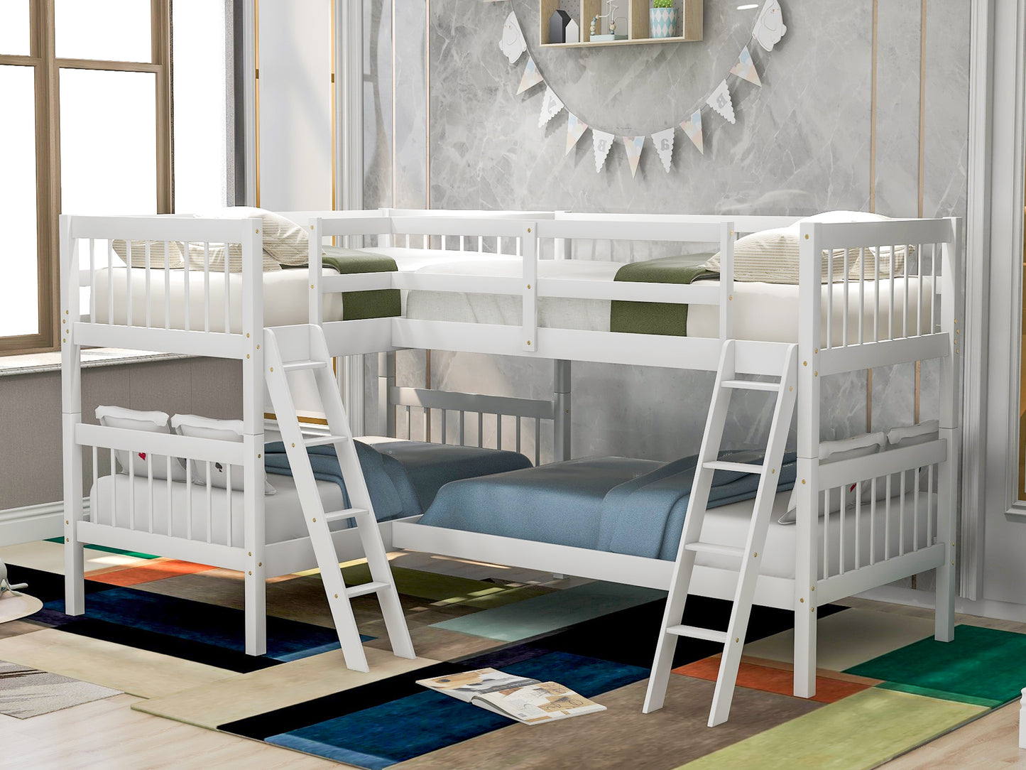 L-Shaped White Wood Twin Bunk Bed