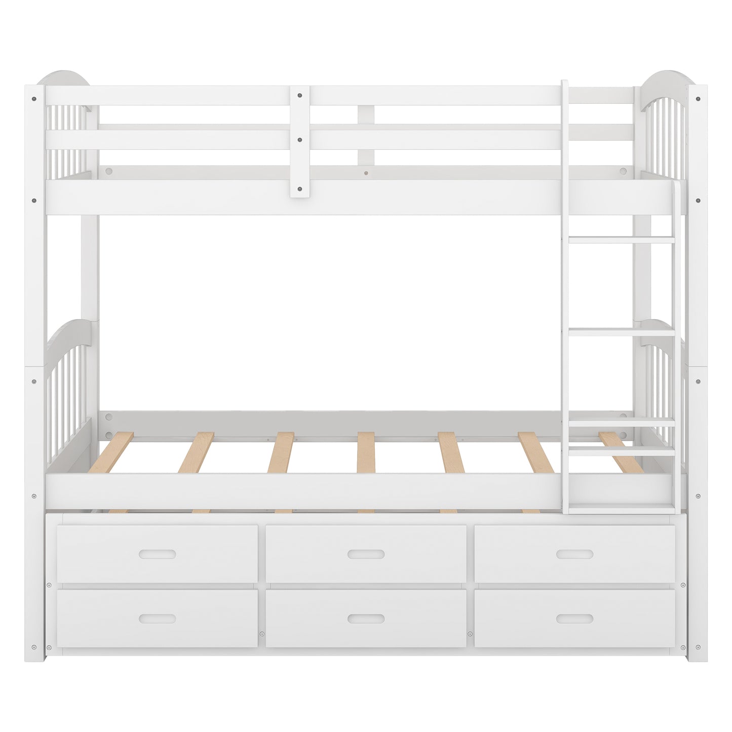 White Twin over Twin Wood Bunk Bed with Trundle and Drawers