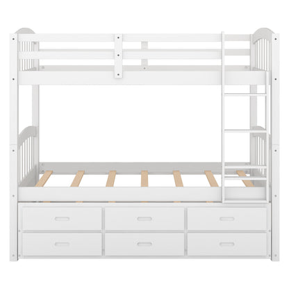 White Twin over Twin Wood Bunk Bed with Trundle and Drawers