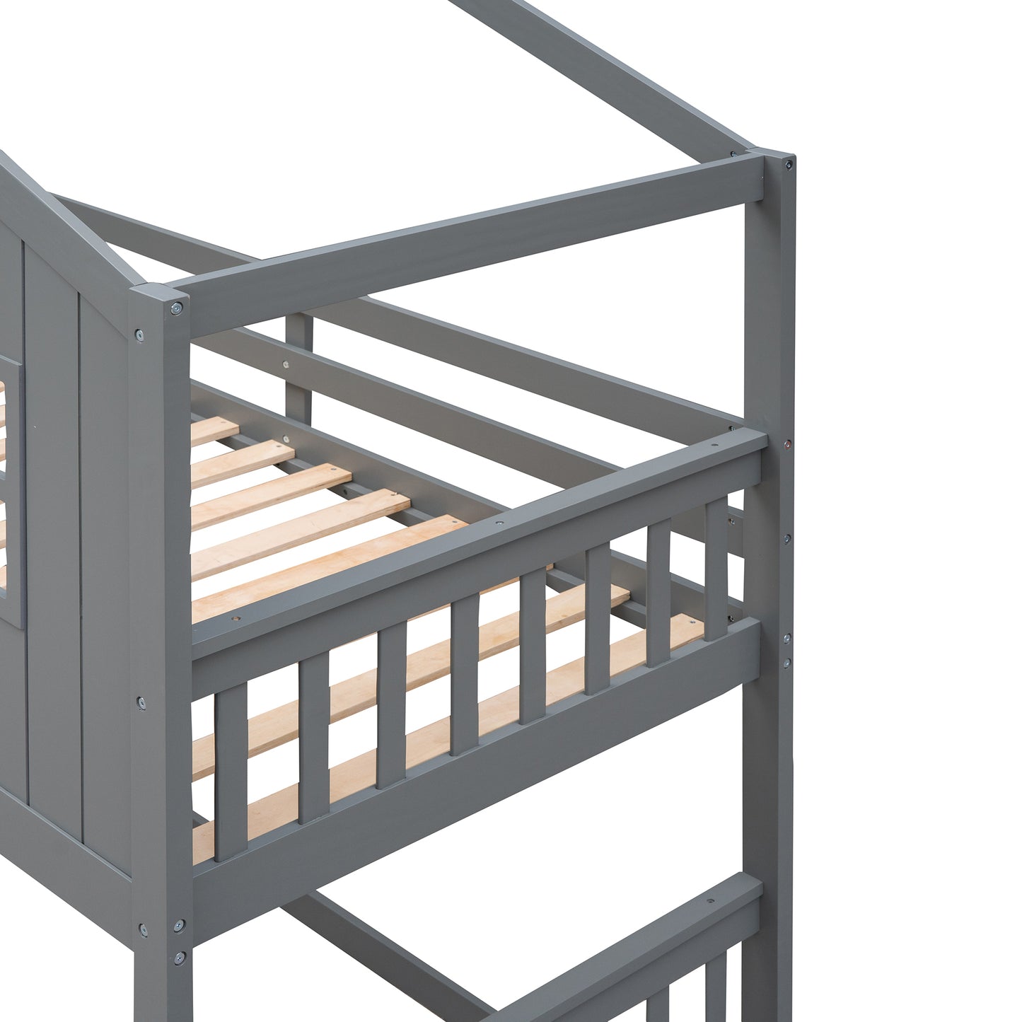 Gray House Twin Over Twin House Bunk Bed With Ladder