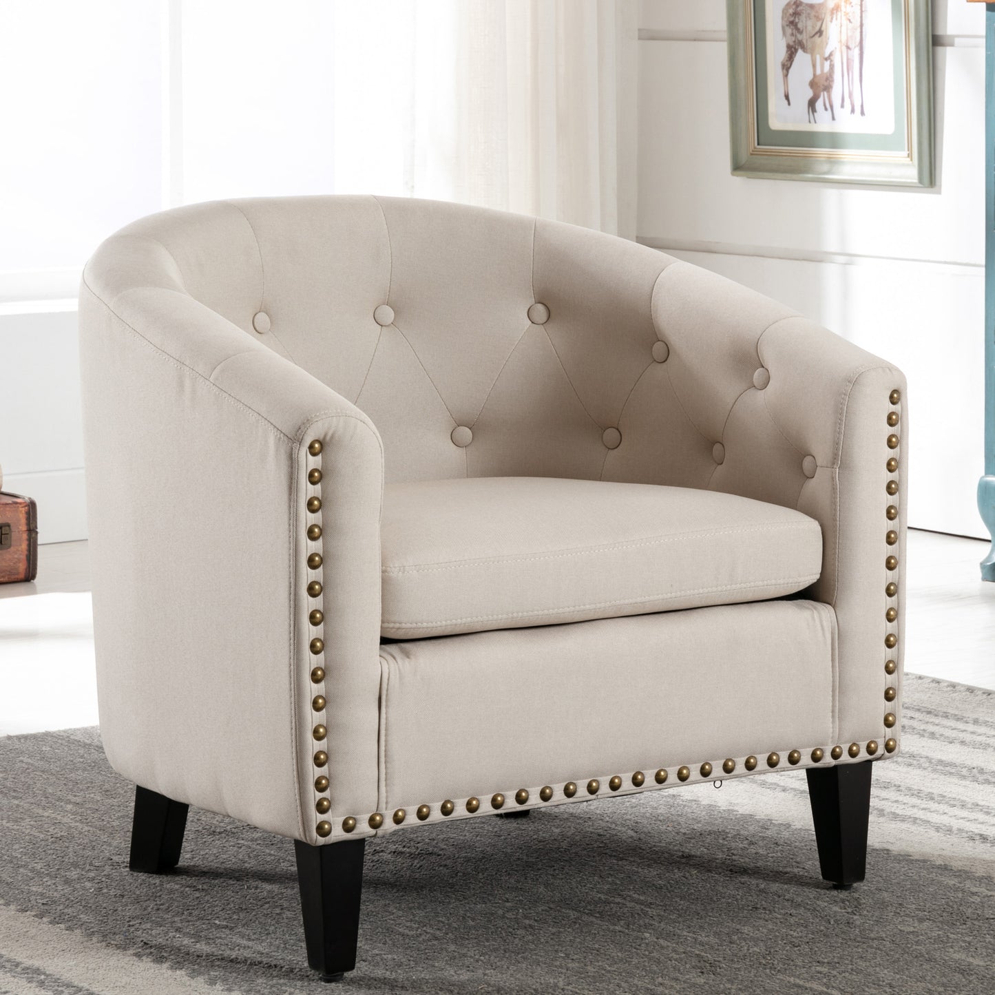 Linen Tan Fabric Tufted Barrel Accent Chair