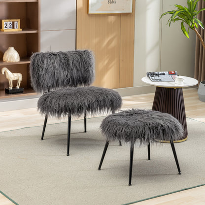 Megan Gray Faux Fur Plush Accent Chair with Ottoman