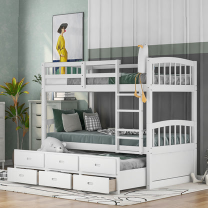 White Twin over Twin Wood Bunk Bed with Trundle and Drawers