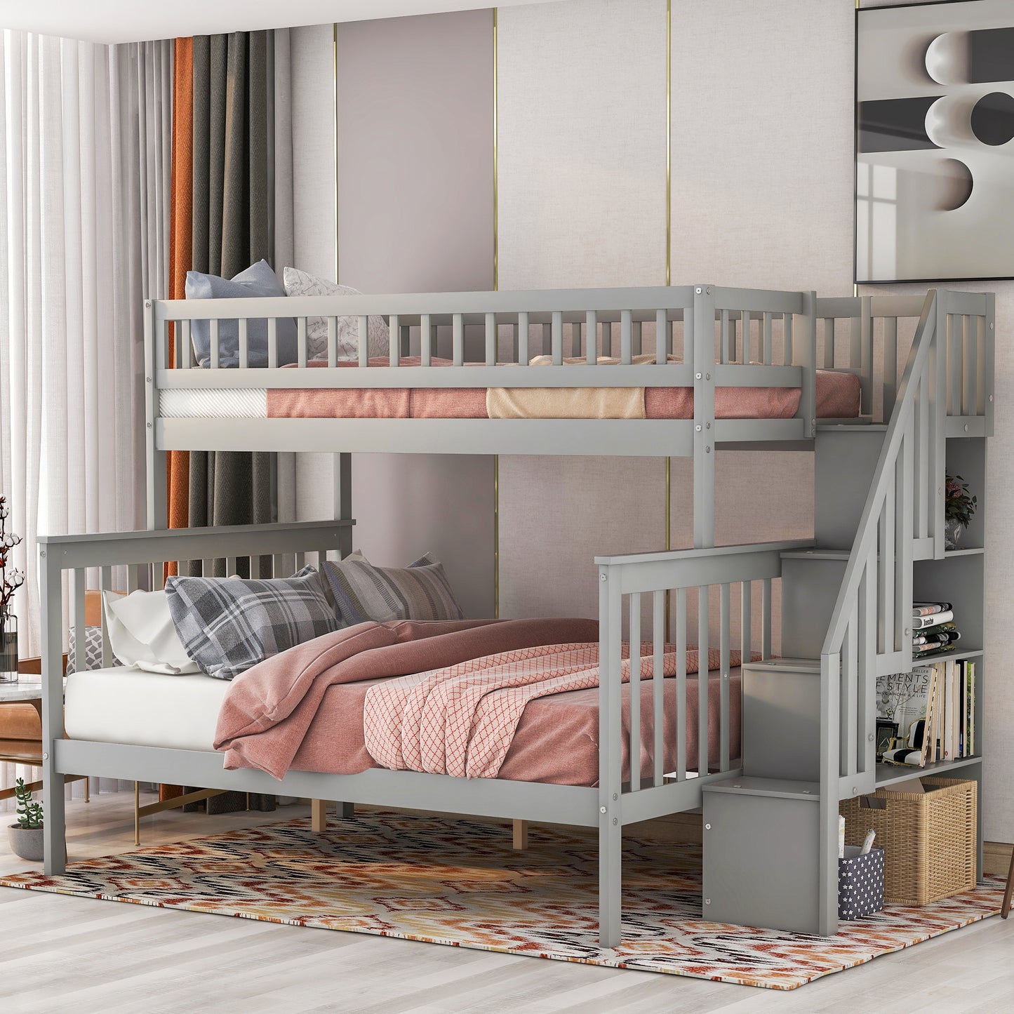 Gray Twin over Full Stairway Bunk Bed with Storage